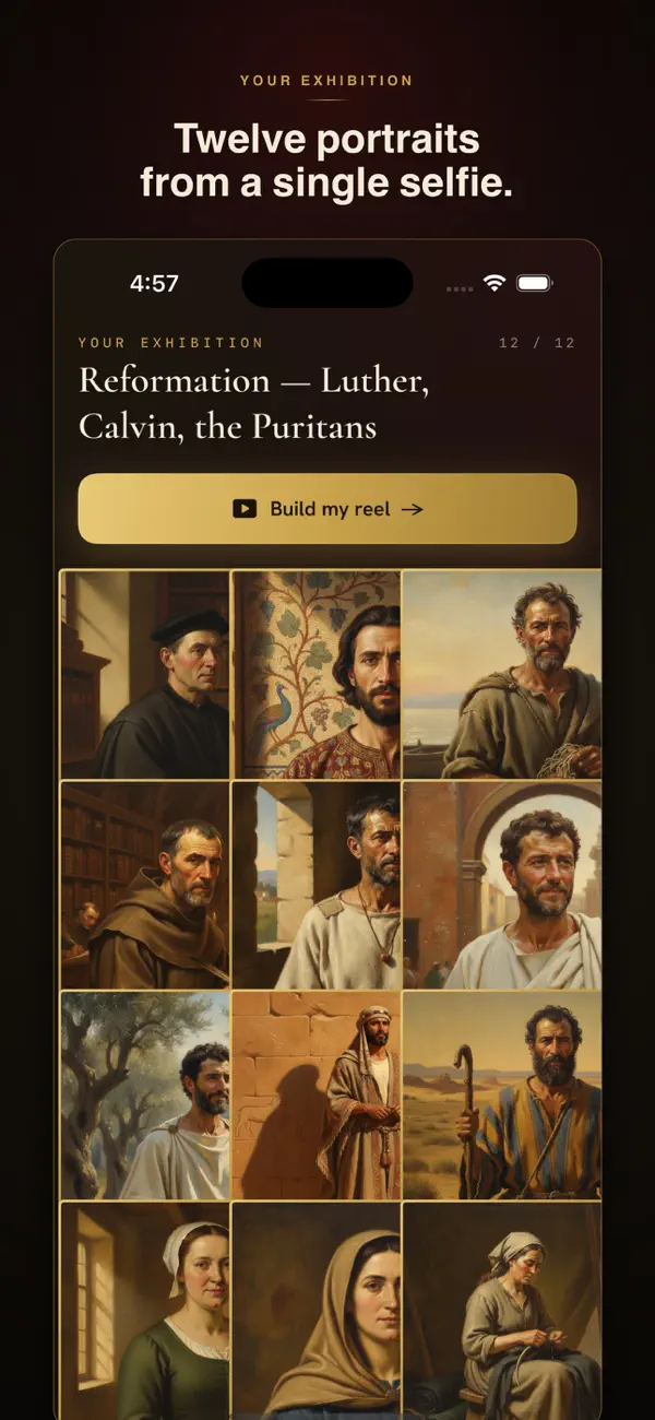 A gallery of twelve AI portraits generated from one selfie