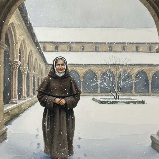 A nun in a snowy monastery cloister