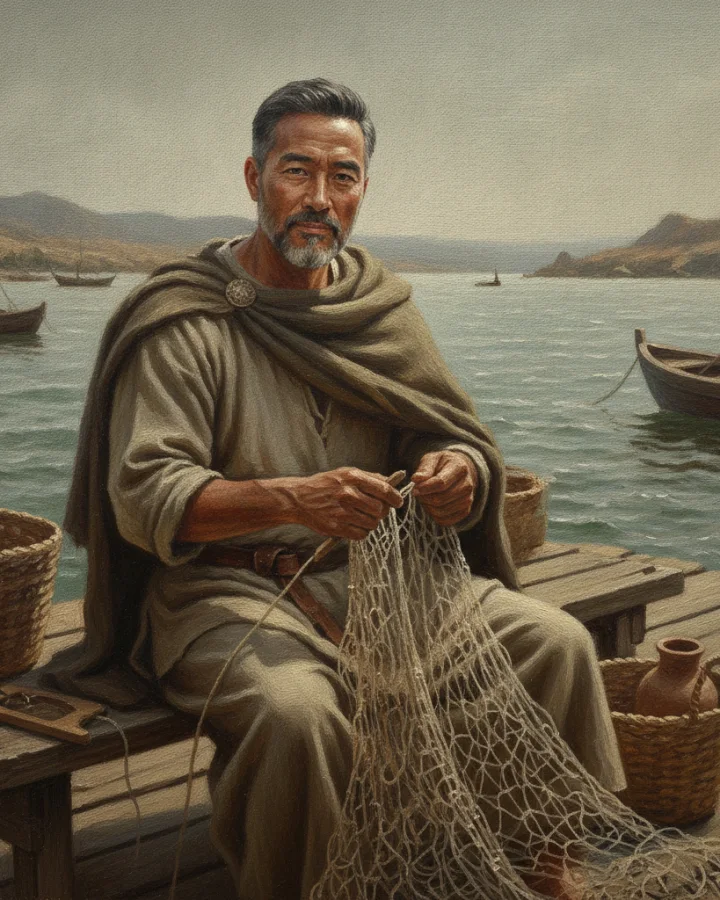 The same man as a first-century fisherman mending a net at the water